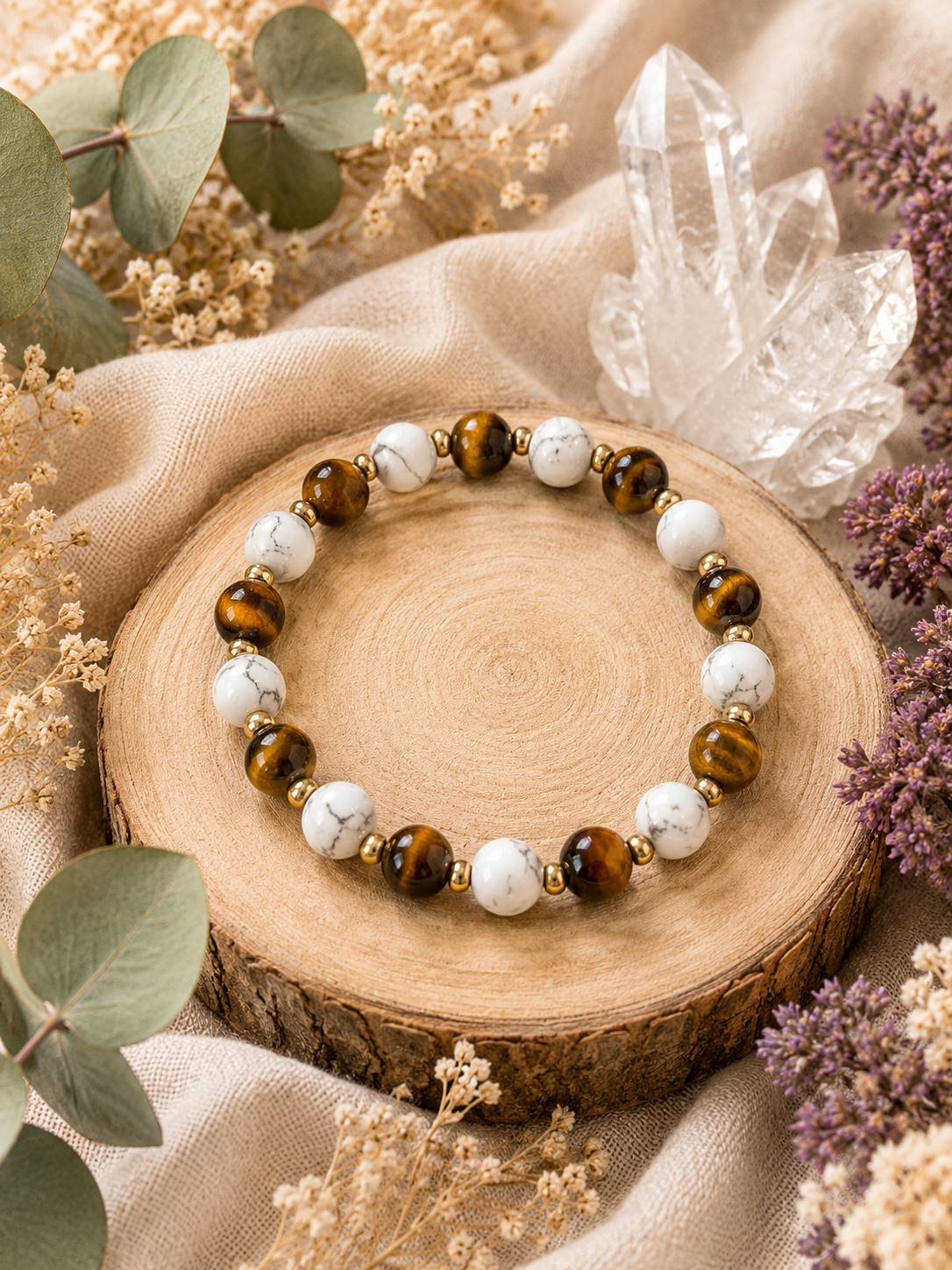 Œil de tigre et Howlite 8mm