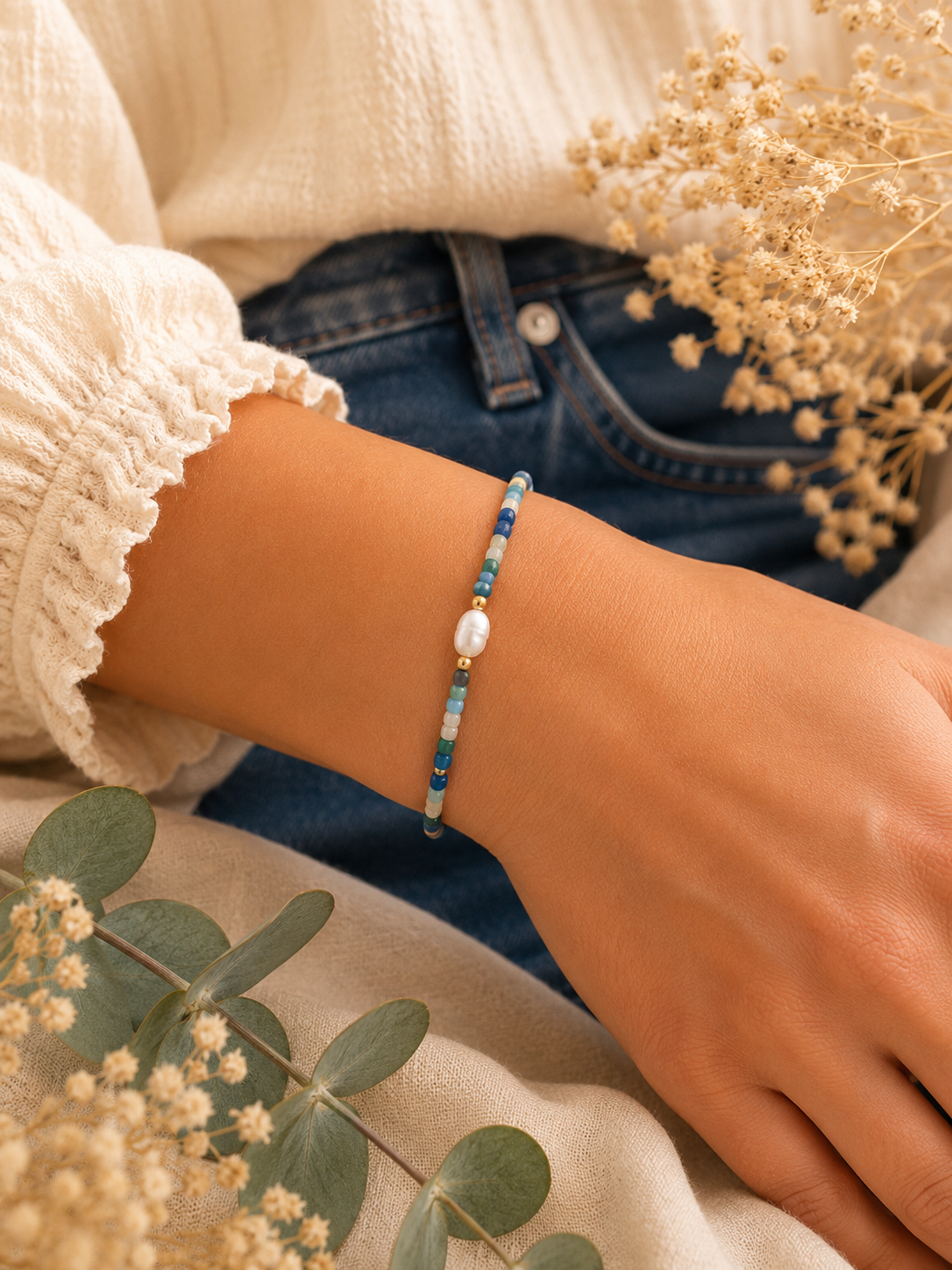 Bracelet Perle d'eau douce, Lapis Lazuli, Apatite Bleue, Rubis Zoisite et Emeraude