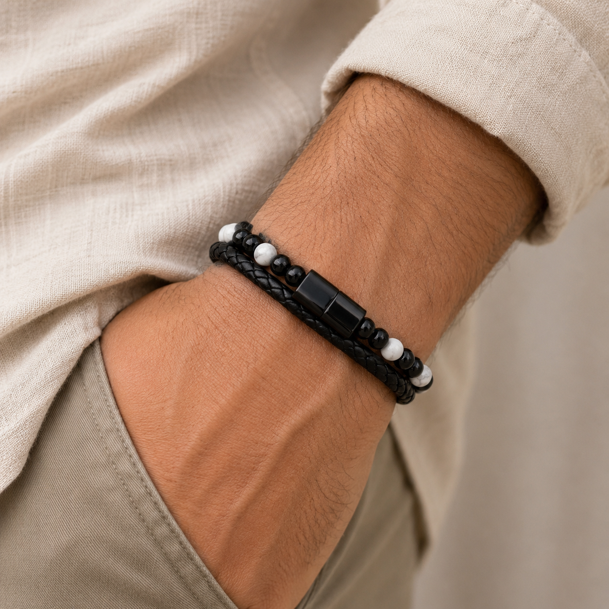 Bracelet cuir Howlite, Onyx A