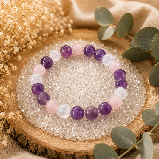 Améthyste, Sélénite et Quartz rose 8mm