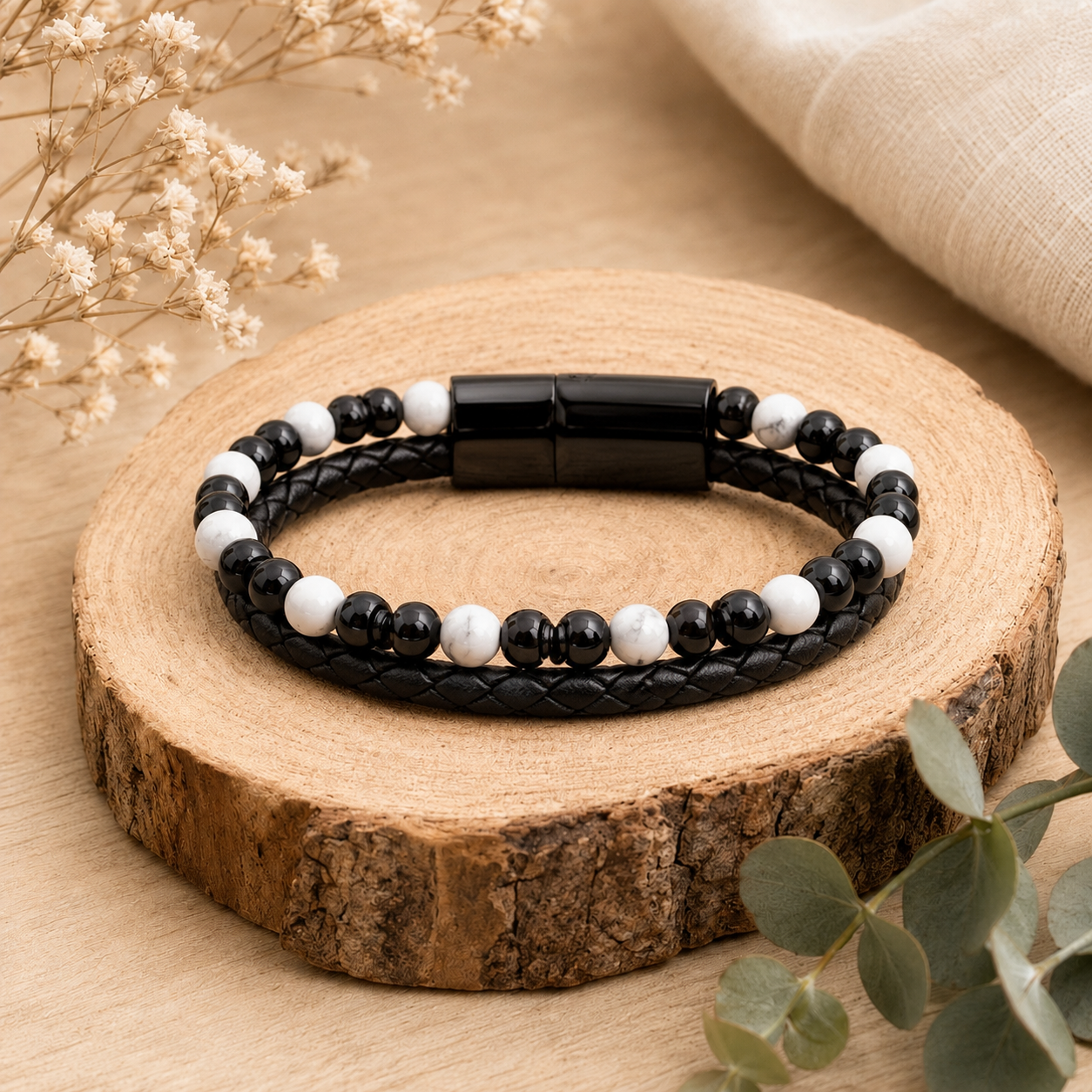 Bracelet cuir Howlite, Onyx A