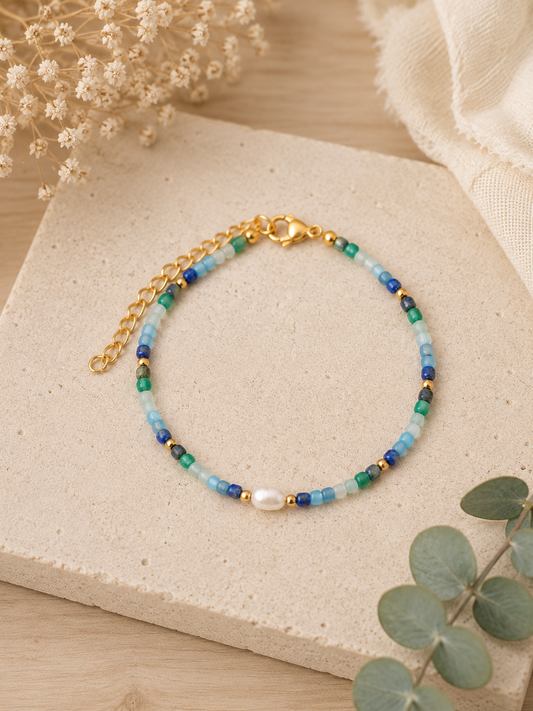 Bracelet Perle d'eau douce, Lapis Lazuli, Apatite Bleue, Rubis Zoisite et Emeraude