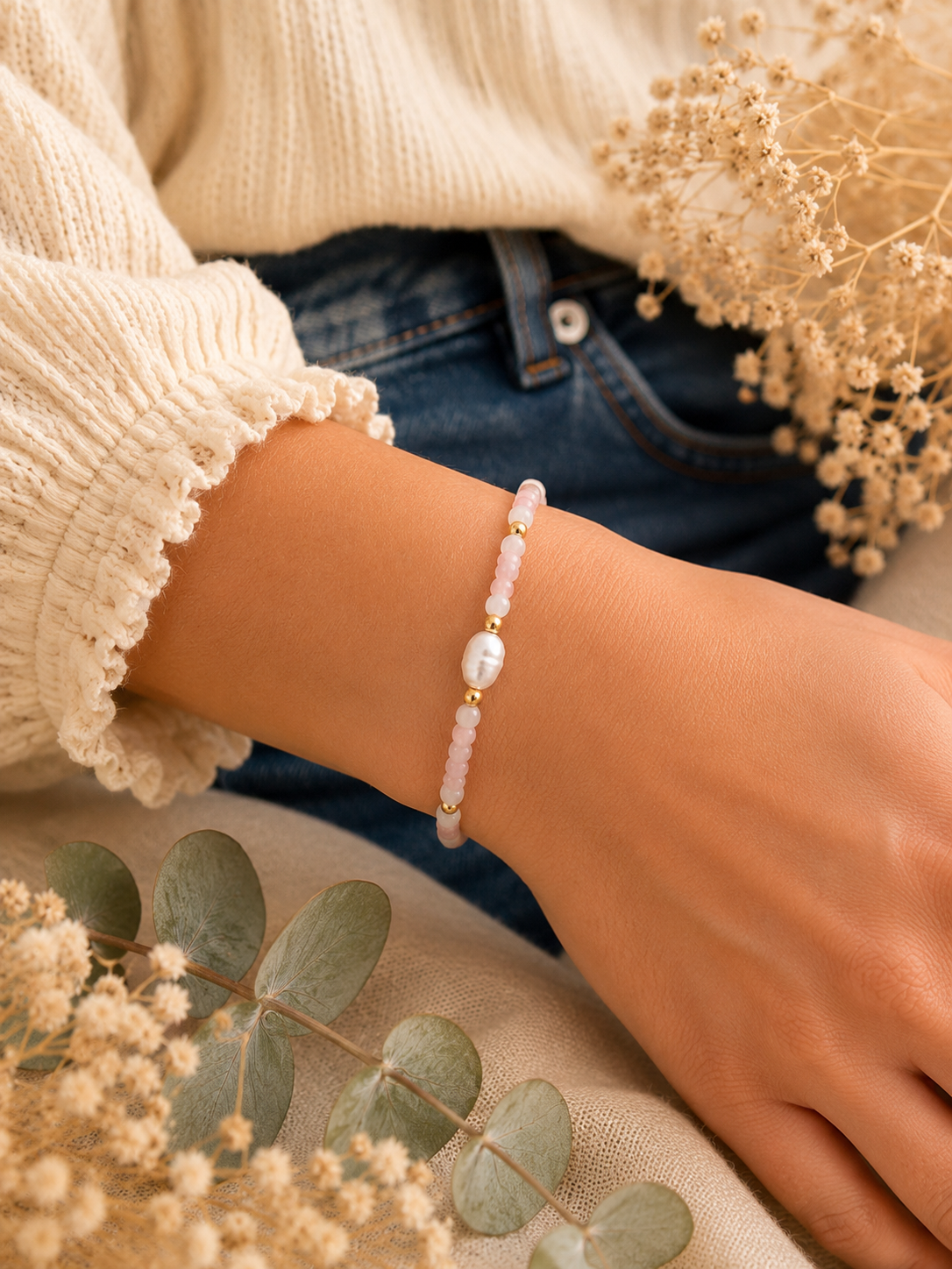 Bracelet Perle d'eau douce, Quartz Rose, Opale Rose, Jade Blanc A