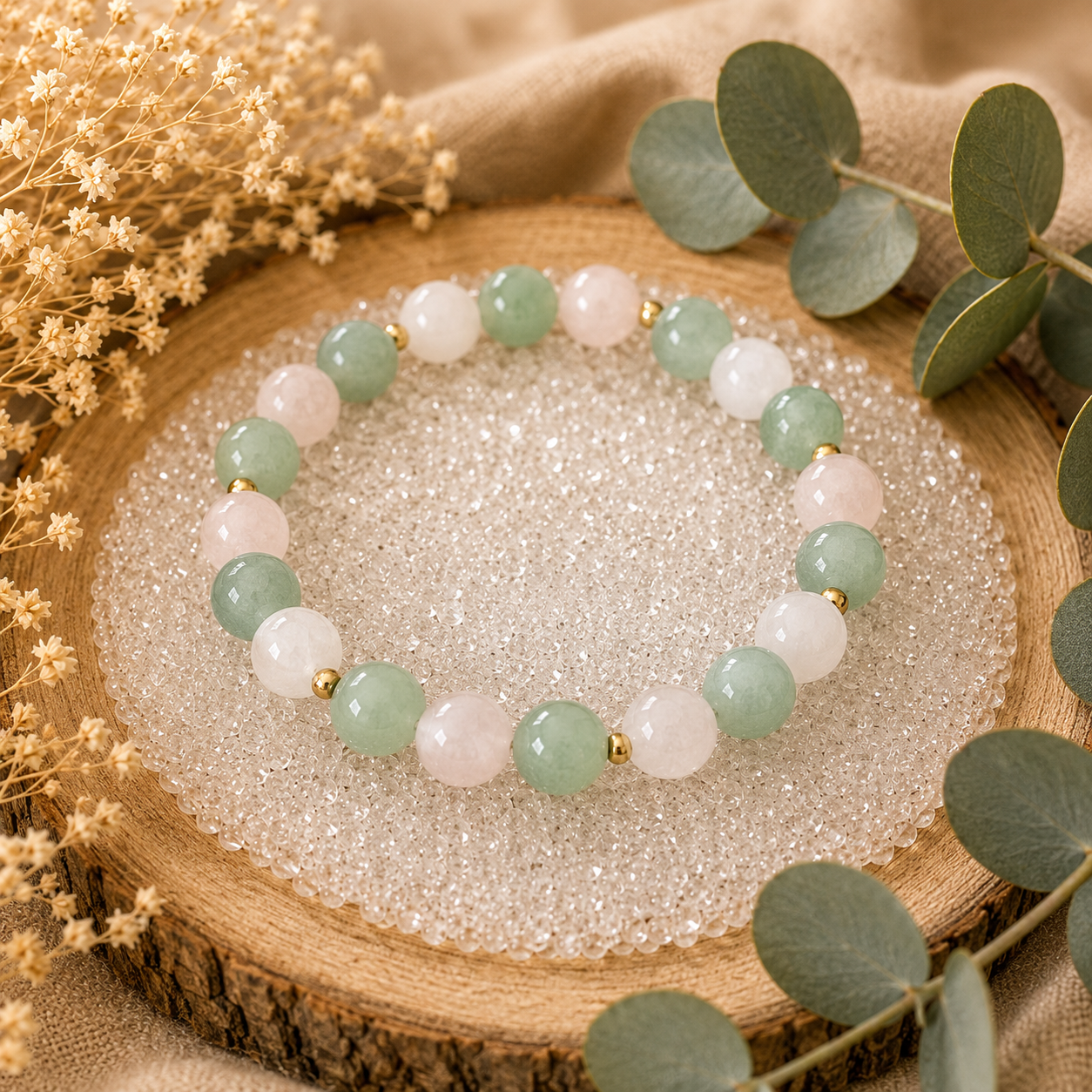 Quartz rose et Aventurine verte 8mm