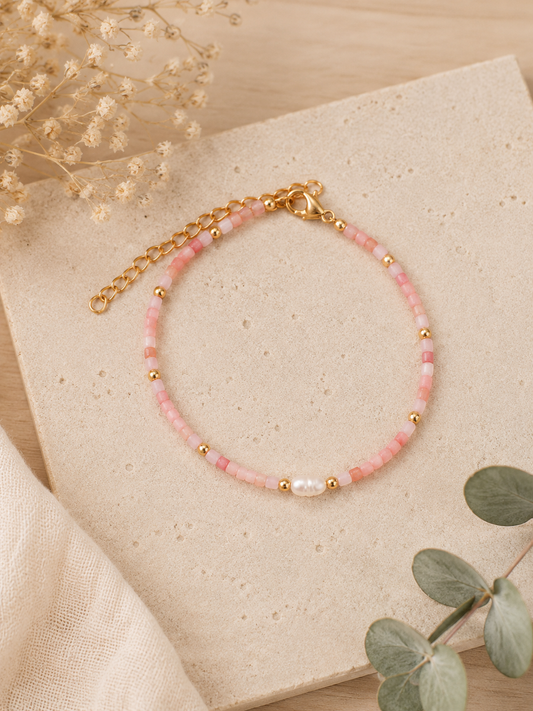 Bracelet Perle d'eau douce, Quartz Rose, Opale Rose, Jade Blanc A