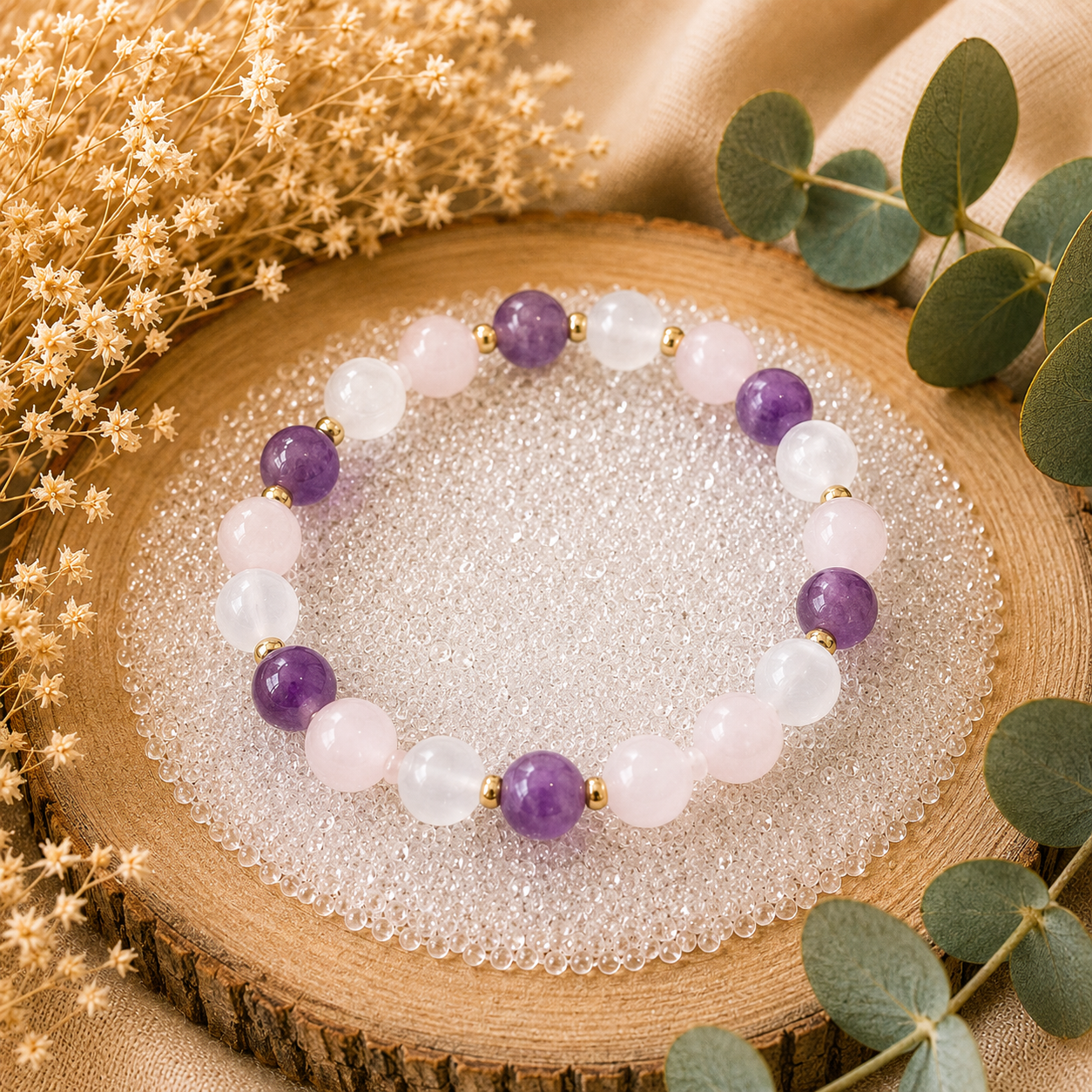 Améthyste, Sélénite et Quartz rose 8mm