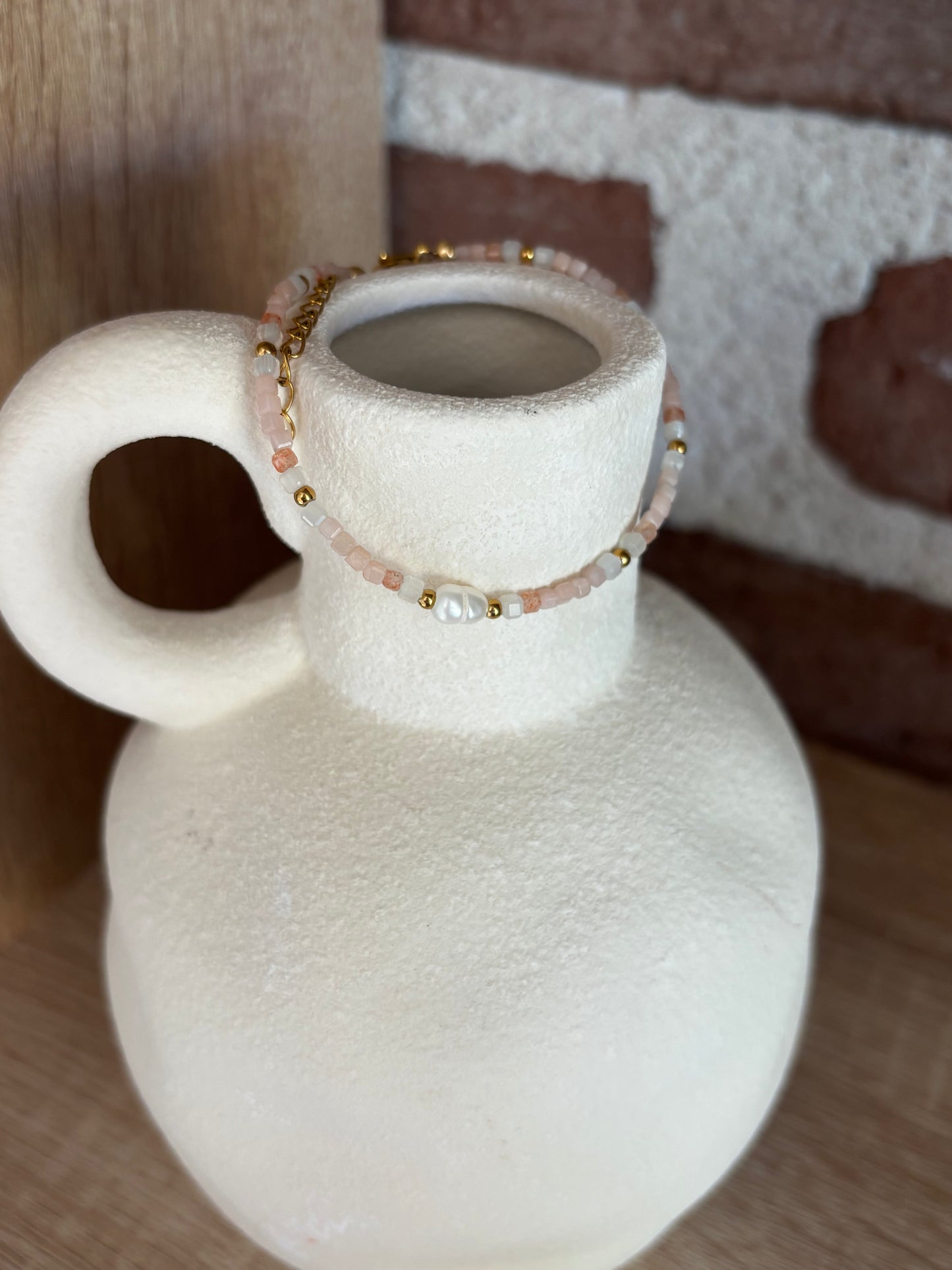 Bracelet Perle d'eau douce, Quartz Rose, Opale Rose, Jade Blanc A