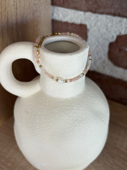 Bracelet Perle d'eau douce, Quartz Rose, Opale Rose, Jade Blanc A
